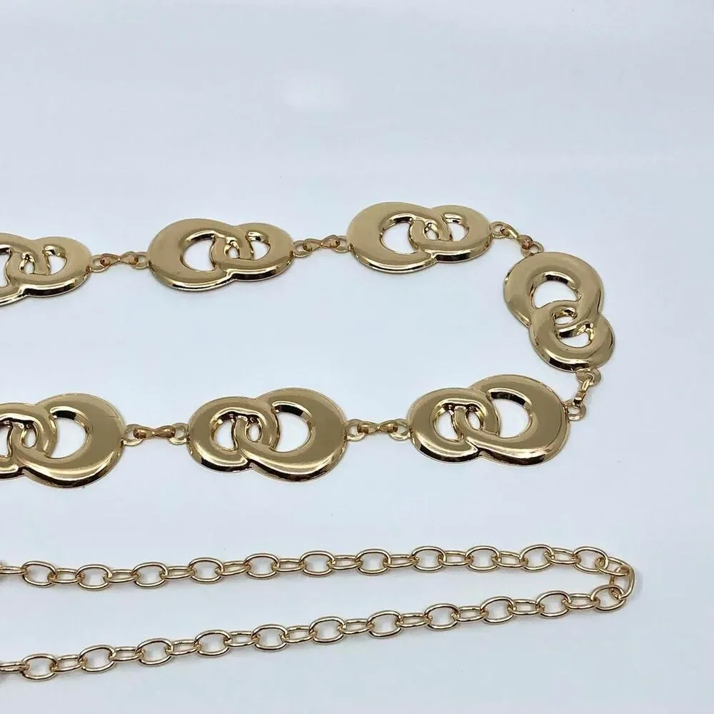 Y2K Geometric Gold Interlocking Loop Chain Belt, Fits 24.5–45 Inches, X7GA1163